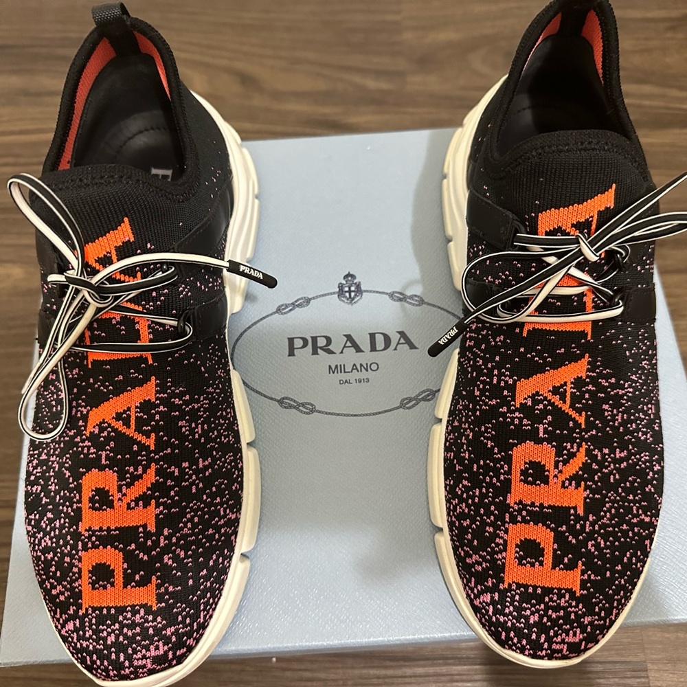 PRADA Calzature Donna stretch-knit sneakers with logo embroidery. Size 8